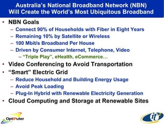 Australia’s National Broadband Network (NBN)  Will Create the World’s Most Ubiquitous Broadband  NBN Goals Connect 90% of Households with Fiber in Eight Years Remaining 10% by Satellite or Wireless 100 Mbit/s Broadband Per House Driven by Consumer Internet, Telephone, Video “ Triple Play”, eHealth, eCommerce… Video Conferencing to Avoid Transportation “ Smart” Electric Grid Reduce Household and Building Energy Usage Avoid Peak Loading Plug-In Hybrid with Renewable Electricity Generation Cloud Computing and Storage at Renewable Sites  