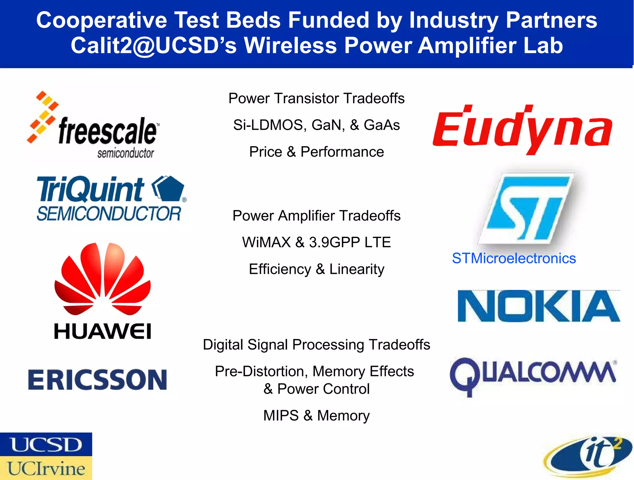 Cooperative Test Beds Funded by Industry Partners Calit2@UCSD’s Wireless Power Amplifier Lab Power Transistor Tradeoffs Si-LDMOS, GaN, & GaAs Price & Performance Power Amplifier Tradeoffs WiMAX & 3.9GPP LTE Efficiency & Linearity Digital Signal Processing Tradeoffs Pre-Distortion, Memory Effects  & Power Control MIPS & Memory STMicroelectronics 