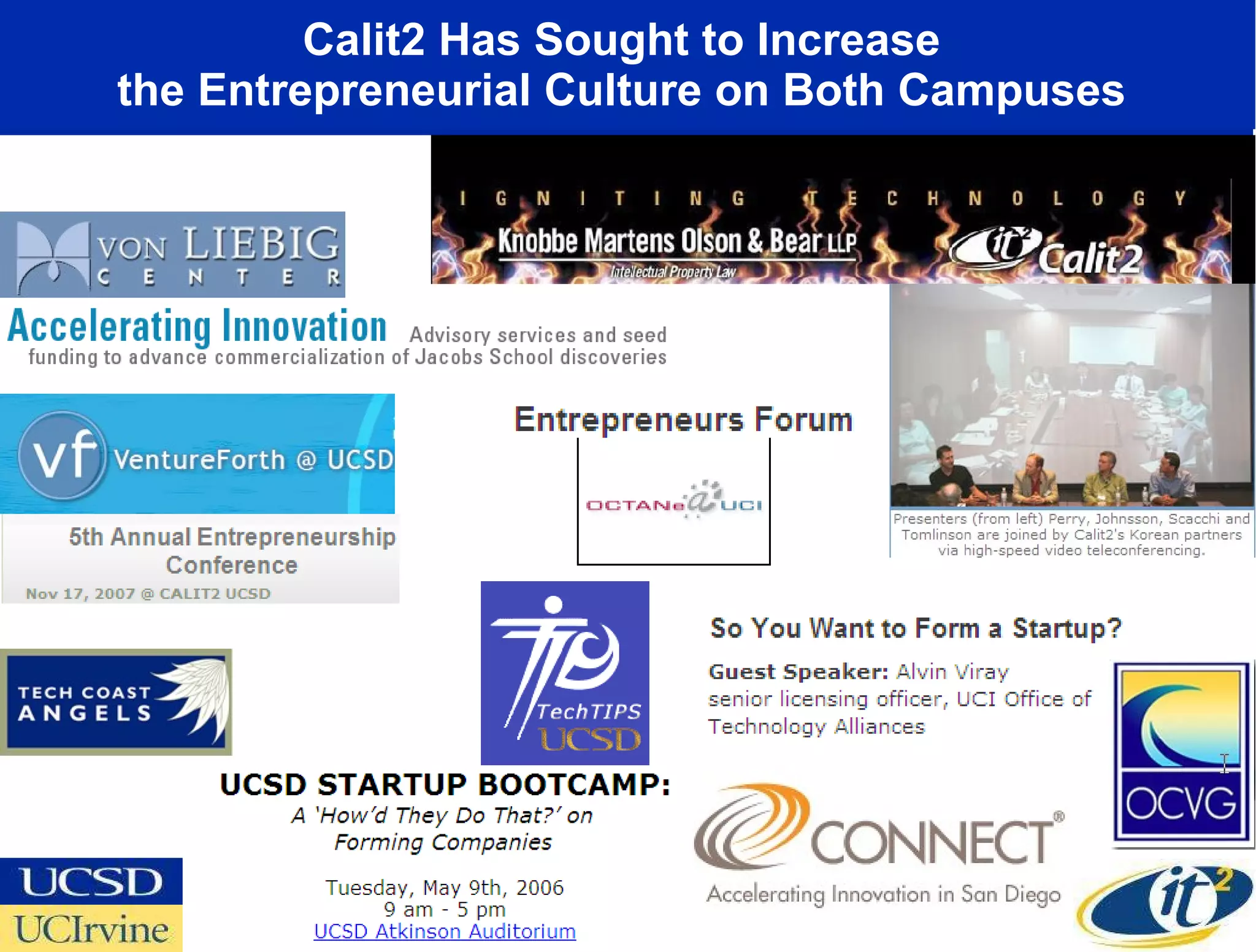 Calit2 Has Sought to Increase  the Entrepreneurial Culture on Both Campuses  