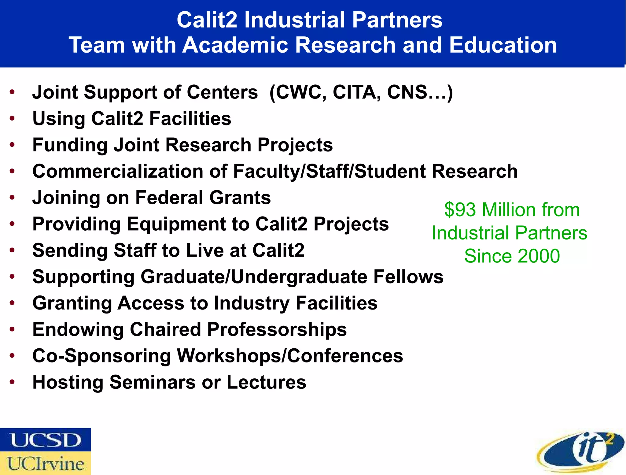 Calit2 Industrial Partners  Team with Academic Research and Education Joint Support of Centers  (CWC, CITA, CNS…) Using Calit2 Facilities Funding Joint Research Projects Commercialization of Faculty/Staff/Student Research Joining on Federal Grants Providing Equipment to Calit2 Projects Sending Staff to Live at Calit2 Supporting Graduate/Undergraduate Fellows Granting Access to Industry Facilities Endowing Chaired Professorships Co-Sponsoring Workshops/Conferences Hosting Seminars or Lectures $93 Million from Industrial Partners  Since 2000 