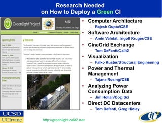 Research Needed  on How to Deploy a  Green  CI Computer Architecture  Rajesh Gupta/CSE Software Architecture  Amin Vahdat, Ingolf Kruger/CSE CineGrid Exchange  Tom DeFanti/Calit2 Visualization  Falko Kuster/Structural Engineering Power and Thermal Management  Tajana Rosing/CSE Analyzing Power Consumption Data  Jim Hollan/Cog Sci Direct DC Datacenters Tom Defanti, Greg Hidley http://greenlight.calit2.net MRI 