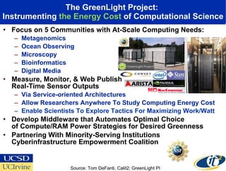 The GreenLight Project:  Instrumenting  the Energy Cost  of Computational Science Focus on 5 Communities with At-Scale Computing Needs: Metagenomics Ocean Observing Microscopy  Bioinformatics Digital Media Measure, Monitor, & Web Publish  Real-Time Sensor Outputs Via Service-oriented Architectures Allow Researchers Anywhere To Study Computing Energy Cost Enable Scientists To Explore Tactics For Maximizing Work/Watt Develop Middleware that Automates Optimal Choice  of Compute/RAM Power Strategies for Desired Greenness Partnering With Minority-Serving Institutions Cyberinfrastructure Empowerment Coalition  Source: Tom DeFanti, Calit2; GreenLight PI 