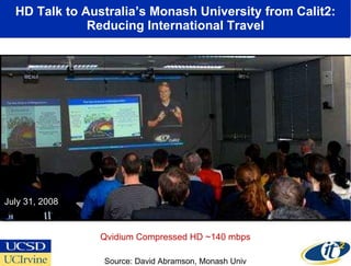 HD Talk to Australia’s Monash University from Calit2: Reducing International Travel July 31, 2008 Source: David Abramson, Monash Univ Qvidium Compressed HD ~140 mbps 