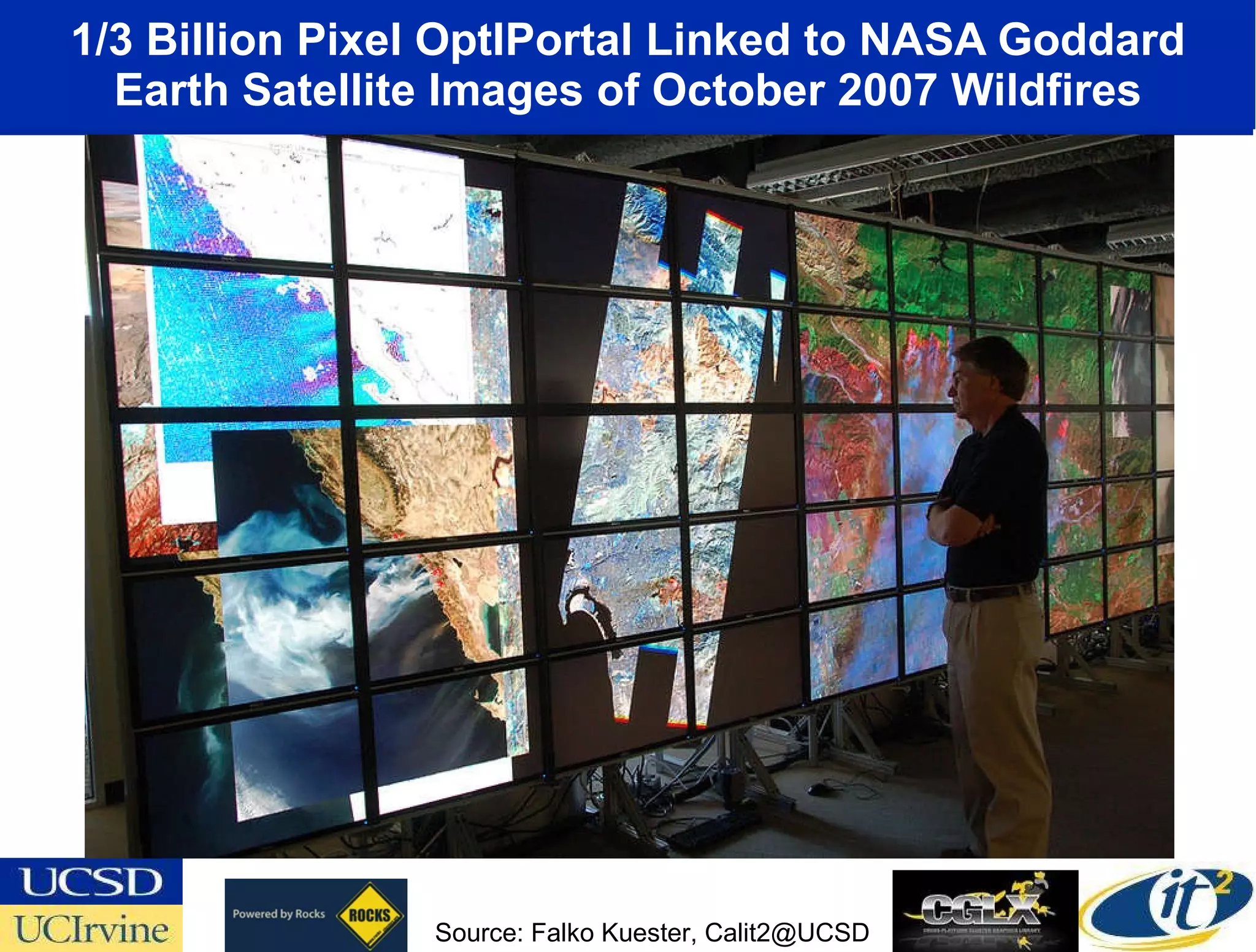 1/3 Billion Pixel OptIPortal Linked to NASA Goddard Earth Satellite Images of October 2007 Wildfires Source: Falko Kuester, Calit2@UCSD 