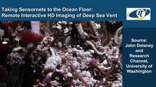 Taking Sensornets to the Ocean Floor:
Remote Interactive HD Imaging of Deep Sea Vent



1 cm.                                               Source:
                                                 John Delaney
                                                      and
                                                   Research
                                                   Channel,
                                                 University of
                                                  Washington
 