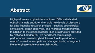 Abstract
High performance cyberinfrastructure (10Gbps dedicated
optical channels end-to-end) enable new levels of discover...