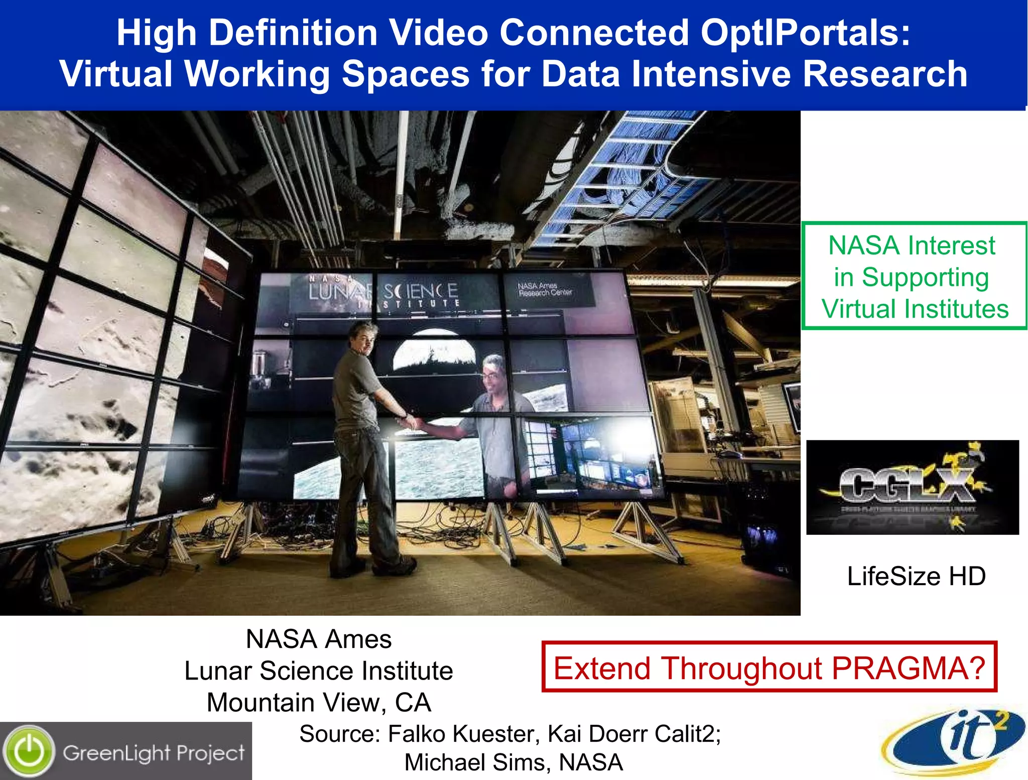 High Definition Video Connected OptIPortals: Virtual Working Spaces for Data Intensive Research Source: Falko Kuester, Kai Doerr Calit2;  Michael Sims, NASA NASA Ames Lunar Science Institute Mountain View, CA NASA Interest  in Supporting  Virtual Institutes LifeSize HD Extend Throughout PRAGMA? 