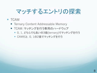 マッチするエントリの探索
—  TCAM
  —  Ternary Content Addressable Memory
  —  TCAM：マッチングを行う専用のハードウェア
    —  0, 1, どちらでも良いの3値(ternary)でマッチングを行う
    —  CAMだと，0, 1の2値でマッチングを行う




                                             8
 