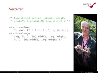 Verzerren /* transform( scaleX, skewY, skewX,  * scaleY, translateX, translateY ) */ ctx . transform ( 1 ,   Math . PI   *   2   /   18 ,   0 ,   1 ,   0 ,   0   ); ctx . drawImage ( img ,   0 ,   0 ,   img . width ,   img . height , 0 ,   0 ,   img . width ,   img . height   ); 