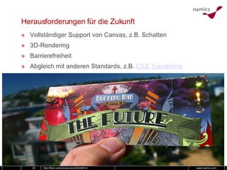 Herausforderungen für die Zukunft Vollständiger Support von Canvas, z.B. Schatten 3D-Rendering Barrierefreiheit Abgleich mit anderen Standards, z.B.  CSS Transforms http://flickr.com/photos/veo/226328414/ 