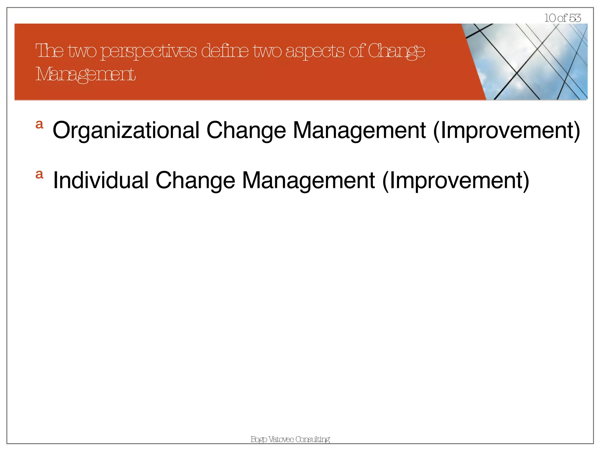 The two perspectives define two aspects of Change Management Organizational Change Management (Improvement) Individual Change Management (Improvement) 