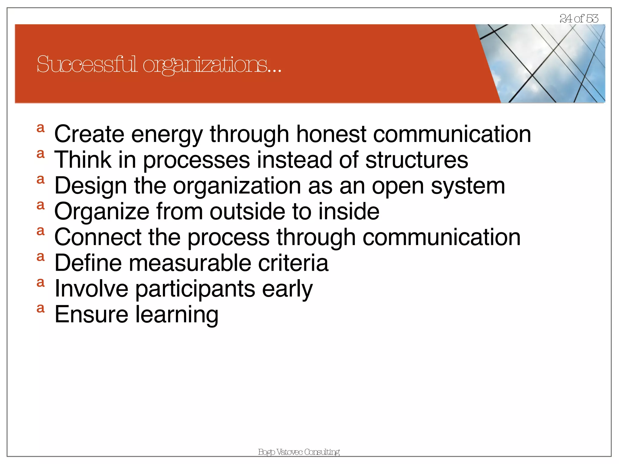 Successful organizations… Create energy through honest communication Think in processes instead of structures Design the organization as an open system Organize from outside to inside Connect the process through communication Define measurable criteria Involve participants early Ensure learning 
