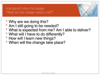 A recipient’s view of a change: “What will this change mean to me?” Why are we doing this? Am I still going to be needed? What is expected from me? Am I able to deliver? What will I have to do differently? How will I learn new things? When will the change take place? 