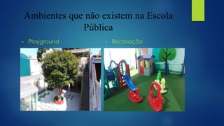 Ambientes que não existem na Escola
Pública
• Playground • Recreação
 