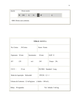 78
Janela Partes moles
W 200 L 36 W L
OBS: Direto com contraste.
TÓRAX ROTINA
No. Cortes: . 30 Cortes Scout : Frente
Espessura: 10 mm Incremento: 10 mm GAP: 0
KV: 120 mA: 240 Tempo: 20s.
F O V : 35 cm FILTRO: Standard / Lung
Modo de Aquisição: Helicoidal PITCH: 1,5 : 1
Volume de Contraste: 1,5 ml kg/peso ( Adulto ~ 100 ml ).
Delay: 30 segundos Vel. Infusão: 3 ml/seg.
 