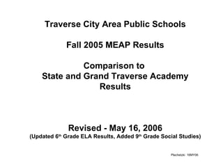 Traverse City Area Public Schools  Fall 2005 MEAP Results  Comparison to  State and Grand Traverse Academy Results Revised - May 16, 2006 (Updated 6 th  Grade ELA Results, Added 9 th  Grade Social Studies) Plachetzki  16MY06 