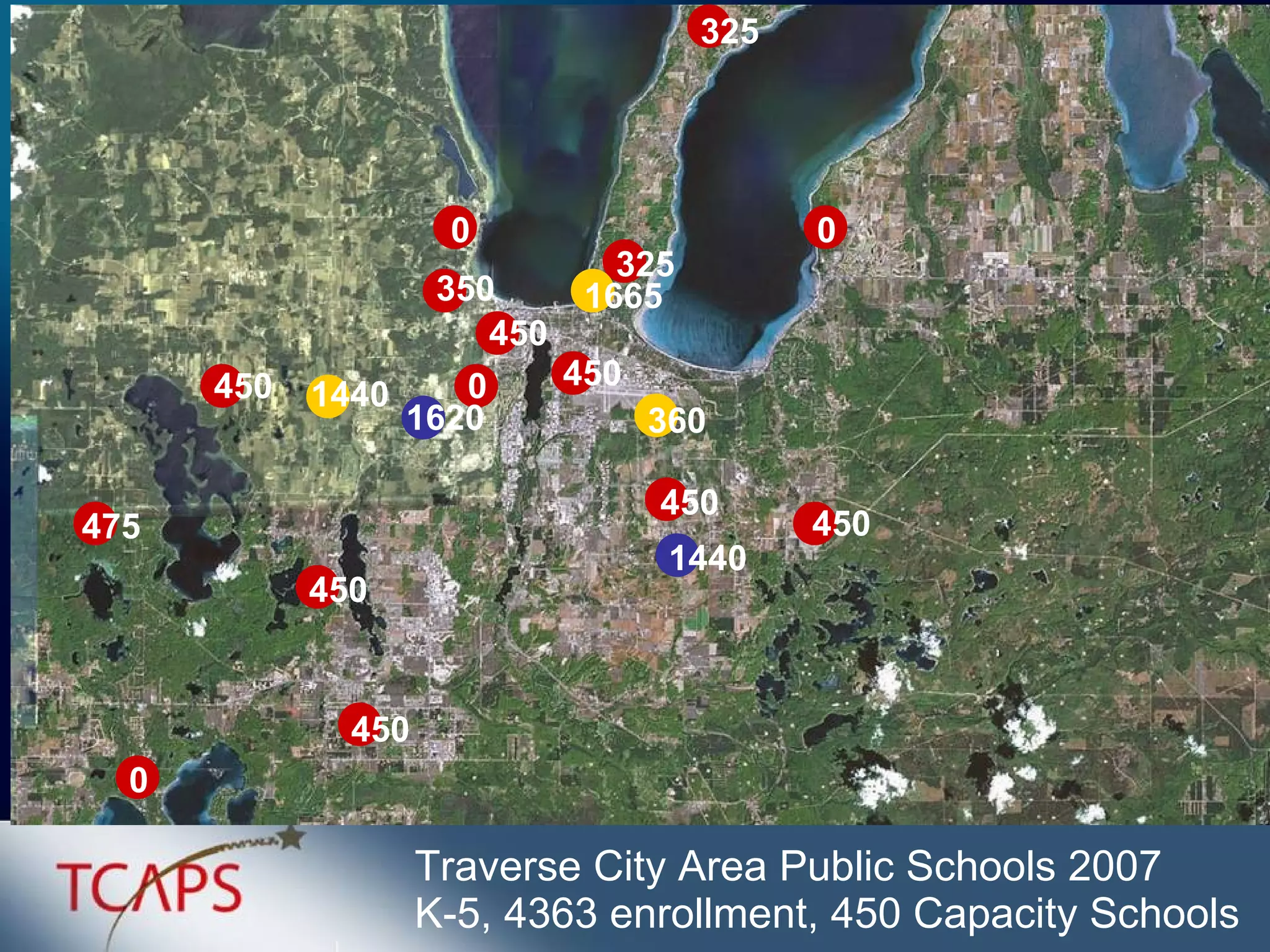 0  450 475 450 0 350 1440 1440 1620 360 450 450 325 0 0 1665 325 450 450 450 Traverse City Area Public Schools 2007 K-5, 4363 enrollment, 450 Capacity Schools 