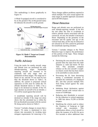 This methodology is shown graphically in                                                These changes address problems reported in
Figure 14.                                                                              which multiple TAs were issued against the
                                                                                        same target in parallel approach encounters
A Mode S-equipped aircraft is considered to                                             and in RVSM airspace.
be on the ground if the on-the-ground status
bit indicates the aircraft is on the ground.                                            Threat Detection
                                         1750 feet above ground
       TCAS             (Threshold below which TCAS checks for targets on the ground)   Range and altitude tests are performed on
                                                                                        each altitude-reporting intruder. If the RA
                                                                                        tau and either the time to co-altitude or
   Barometric                                                Declared
                                                                                        relative altitude criteria associated with the
    altimeter                                                airborne                   current SL are met, the intruder is declared a
             Radar                                                                      threat. Depending on the geometry of the
            altimeter
                                                                                        encounter and the quality and age of the
                             Declared                                                   vertical track data, an RA may be delayed or
                             on ground                  360-foot allowance              not selected at all. RAs cannot be generated
                                                                Declared
                                                                on ground
                                                                                        for nonaltitude reporting intruders.
                           Ground level
           Standard altimeter setting        Estimated elevation of ground              Version 7 includes changes in the Threat
                                                                                        Detection logic to improve the performance
  Figure 14. Mode C Target on Ground                                                    of this portion of the logic. These changes
             Determination                                                              include the following:

Traffic Advisory                                                                         •   Declaring the own aircraft to be on the
                                                                                             ground when the input from the radar
Using the tracks for nearby aircraft, range                                                  altimeter is valid and below 50 feet
and altitude tests are performed for each                                                    AGL. This precludes complete
altitude-reporting     target.    Nonaltitude                                                reliance on the own aircraft’s weight-
reporting aircraft are assumed to be                                                         on-wheels switch that has been shown
coaltitude and only range tests are                                                          to be unreliable in some aircraft.
performed on these targets. The range test is                                            •   Preventing the SL from decreasing
based on tau, and the TA tau must be less                                                    during a coordinated encounter to
than the threshold shown in Table 2. In                                                      maintain the continuity of a displayed
addition, the current or projected vertical                                                  RA, and thus prevent multiple RAs
separation at CPA must be within the TA                                                      from being issued against the same
altitude threshold shown in Table 2 for a                                                    intruder.
target to be declared an intruder. If the TA                                             •   Inhibiting threat declaration against
logic declares an aircraft to be an intruder, a                                              intruder aircraft with vertical rates in
TA will be issued against that aircraft.                                                     excess of 10,000 fpm.
A nonaltitude reporting aircraft will be                                                 •   Reducing alert thresholds to account
declared an intruder if the range test alone                                                 for the reduction in vertical separation
shows that the calculated tau is within the                                                  to 1000 feet above FL290 in RVSM
RA tau threshold associated with the current                                                 airspace.
SL being used as shown in Table 2.                                                       •   Modifying the criteria used to reduce
                                                                                             the frequency of bump-up or high
Version 7 includes changes to ensure that a                                                  vertical    rate   encounters.    This
target’s TA status is maintained in slow                                                     modification allows a level aircraft to
closure rate encounters by invoking more                                                     delay the issuance of an RA for up to
stringent requirements for removing a TA.                                                    five seconds to allow additional time


                                                                                                                                   27
 