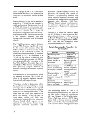 allow for proper TCAS-to-TCAS resolution         Instrument Flight Rules (IFR) clearances are
of encounters and reduce the probability of      predicated on avoiding high terrain or
additional RAs against the intruder or other     obstacles, it is particularly important that
traffic.                                         pilots maintain situational awareness and
                                                 continue to use good operating practices and
In some instances, it may not be possible to     judgment when following TCAS RAs.
respond to a TCAS RA and continue to             Maintain frequent outside visual scan, use
satisfy a clearance at the same time. Even if    see and avoid vigilance, and continue to
a TCAS RA maneuver is inconsistent with          communicate as needed and as appropriate
the current clearance, respond appropriately     with ATC.
to the RA. Because TCAS tracks all
transponder-equipped aircraft in the vicinity,   The pilot is to inform the controller about
responding to an RA for an intruder assures      the RA deviation as soon as possible. The
a safe avoidance maneuver from that              phraseology, to be used by pilots, is shown
intruder and from other Mode C-equipped          in Table 6. The phraseology was developed
aircraft.                                        by ICAO and has been published in PANS-
                                                 RAC. The FAA has incorporated these
If a TCAS RA response requires deviation         recommendations into AC 20-155.
from an ATC clearance, expeditiously return
                                                  Table
                                                  Table 6. Recommended Phraseology for
to the current ATC clearance when the
                                                              Reporting RAs
traffic conflict is resolved or the TCAS
message “Clear of Conflict” is heard, or
                                                        Situation            Phraseology
follow any subsequent change to clearance
                                                 Responding to an       ‘‘TCAS Climb’’ or
as advised by ATC. In responding to a
                                                 RA                     ‘‘TCAS Descend’’
TCAS RA that directs a deviation from
assigned altitude, communicate with ATC as       Initial RA report      ‘‘TCAS Climb (or
soon as practicable after responding to the      issued after RA is     descent), returning
RA. When the RA is cleared, the flight crew      completed              to [assigned
                                                                        clearance]’’
should advise ATC that they are returning to
                                                 Initial RA report      ‘‘TCAS Climb (or
their previously assigned clearance or
                                                 issued after returning descent) completed,
should acknowledge any amended clearance
                                                 to assigned clearance [assigned clearance]
issued.                                                                 resumed’’
                                                 Unable to follow a     ‘‘Unable to comply,
Unless approved by the Administrator, pilots     newly issued           TCAS resolution
are expected to operate TCAS while in-           clearance because of advisory’’
flight in all airspace, including oceanic,       an RA
international, and foreign airspace.             Controller             No specific
                                                 acknowledgement of phraseology is
TCAS does not alter or diminish the pilot's      any TCAS report        defined
basic authority and responsibility to ensure
safe flight. Because TCAS does not respond
to aircraft that are not transponder-equipped
                                                 The phraseology shown in Table 6 is
or aircraft with a transponder failure, TCAS
                                                 suggested and should contain: (1) name of
alone does not ensure safe separation in
                                                 the ATC facility, (2) aircraft identification
every case. Further, TCAS RAs may, in
                                                 (ID), and (3) nature of the TCAS deviation.
some cases, conflict with flight path
                                                 When a flight crew receives a TCAS RA to
requirements because of terrain, such as an
                                                 either climb or descend from their assigned
obstacle limited climb segment or an
                                                 altitude, or the RA otherwise affects their
approach to rising terrain. Because many
                                                 ATC clearance or their pending maneuver or
approved instrument procedures and



36
 