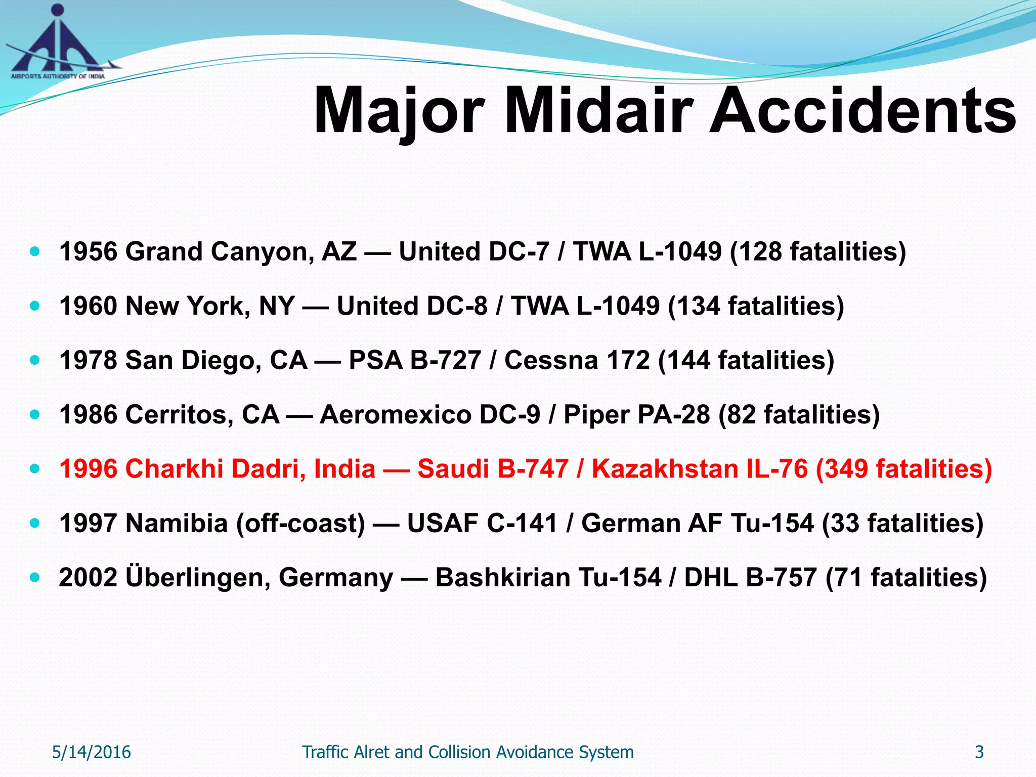 Major Midair Accidents
 1956 Grand Canyon, AZ — United DC-7 / TWA L-1049 (128 fatalities)
 1960 New York, NY — United DC-8 / TWA L-1049 (134 fatalities)
 1978 San Diego, CA — PSA B-727 / Cessna 172 (144 fatalities)
 1986 Cerritos, CA — Aeromexico DC-9 / Piper PA-28 (82 fatalities)
 1996 Charkhi Dadri, India — Saudi B-747 / Kazakhstan IL-76 (349 fatalities)
 1997 Namibia (off-coast) — USAF C-141 / German AF Tu-154 (33 fatalities)
 2002 Überlingen, Germany — Bashkirian Tu-154 / DHL B-757 (71 fatalities)
5/14/2016 3Traffic Alret and Collision Avoidance System
 
