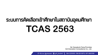 TCAS 2563
By Yaowaluck Fang Promdee
Grit Education Consultancy Co., Ltd.
ระบบการคัดเลือกเข้าศึกษาในสถาบันอุดมศึกษา
 
