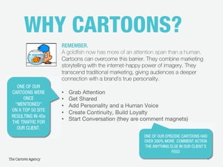 9
WHY CARTOONS?!
REMEMBER.
A goldﬁsh now has more of an attention span than a human.
Cartoons can overcome this barrier. They combine marketing
storytelling with the internet-happy power of imagery. They
transcend traditional marketing, giving audiences a deeper
connection with a brand’s true personality.
•! Grab Attention
•! Get Shared
•! Add Personality and a Human Voice
•! Create Continuity, Build Loyalty
•! Start Conversation (they are comment magnets)
9
ONE OF OUR EPISODIC CARTOONS HAD
OVER 300% MORE COMMENT ACTION
THE ANYTHING ELSE IN OUR CLIENT’S
FEED
ONE OF OUR
CARTOONS WERE
ONCE
“MENTIONED”
ON A TOP 50 SITE
RESULTING IN 40x
THE TRAFFIC FOR
OUR CLIENT.
 
