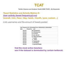 TCAT
Twitter Capture and Analysis Toolkit (DMI-TCAT) - By Keywords
Tweet Statistics and Activity Metrics 9:
User activity (tweet frequency)(.csv)
(overall, /min, /hour, /day, /week, /month, /year, custom…)
Lists usernames and the amount of tweets posted.
ﬁnd the most active tweeters
see if the dataset is dominated by certain twitterati.
 