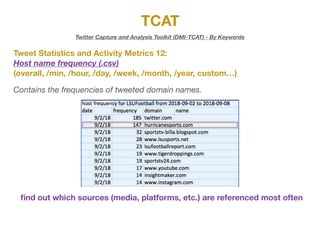TCAT
Twitter Capture and Analysis Toolkit (DMI-TCAT) - By Keywords
Tweet Statistics and Activity Metrics 12:
Host name frequency (.csv)
(overall, /min, /hour, /day, /week, /month, /year, custom…)
Contains the frequencies of tweeted domain names.
ﬁnd out which sources (media, platforms, etc.) are referenced most often
 