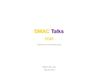 SMAC LAB, LSU

Sep 28, 2018
SMAC Talks
TCAT
Instructor: Dr. Ke (Jenny) Jiang
 