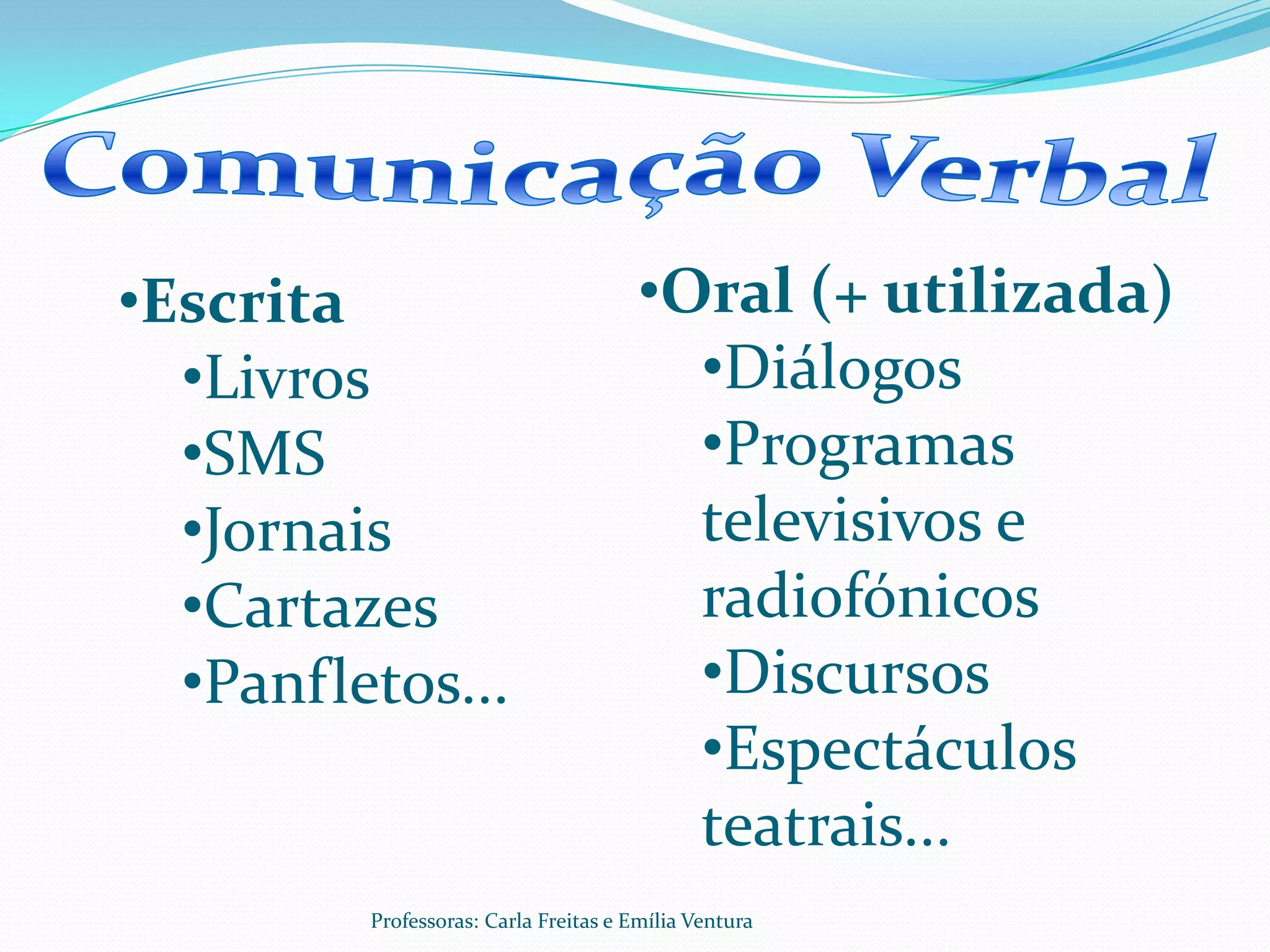 •Escrita                               •Oral (+ utilizada)
  •Livros                                •Diálogos
  •SMS                                   •Programas
  •Jornais                               televisivos e
  •Cartazes                              radiofónicos
  •Panfletos...                          •Discursos
                                         •Espectáculos
                                         teatrais...
         Professoras: Carla Freitas e Emília Ventura
 
