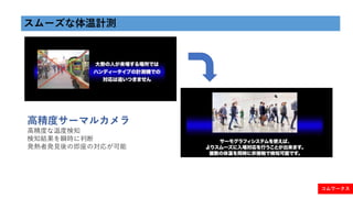 スムーズな体温計測
高精度サーマルカメラ
高精度な温度検知
検知結果を瞬時に判断
発熱者発見後の即座の対応が可能
コムワークス
 