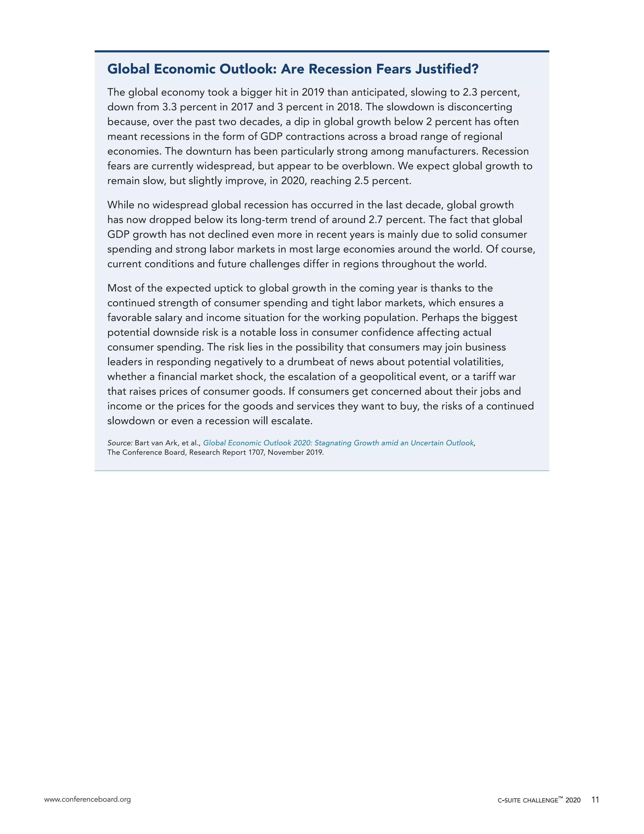 www.conferenceboard.org c-suite challenge™
2020 11
Global Economic Outlook: Are Recession Fears Justified?
The global economy took a bigger hit in 2019 than anticipated, slowing to 2.3 percent,
down from 3.3 percent in 2017 and 3 percent in 2018. The slowdown is disconcerting
because, over the past two decades, a dip in global growth below 2 percent has often
meant recessions in the form of GDP contractions across a broad range of regional
economies. The downturn has been particularly strong among manufacturers. Recession
fears are currently widespread, but appear to be overblown. We expect global growth to
remain slow, but slightly improve, in 2020, reaching 2.5 percent.
While no widespread global recession has occurred in the last decade, global growth
has now dropped below its long-term trend of around 2.7 percent. The fact that global
GDP growth has not declined even more in recent years is mainly due to solid consumer
spending and strong labor markets in most large economies around the world. Of course,
current conditions and future challenges differ in regions throughout the world.
Most of the expected uptick to global growth in the coming year is thanks to the
continued strength of consumer spending and tight labor markets, which ensures a
favorable salary and income situation for the working population. Perhaps the biggest
potential downside risk is a notable loss in consumer confidence affecting actual
consumer spending. The risk lies in the possibility that consumers may join business
leaders in responding negatively to a drumbeat of news about potential volatilities,
whether a financial market shock, the escalation of a geopolitical event, or a tariff war
that raises prices of consumer goods. If consumers get concerned about their jobs and
income or the prices for the goods and services they want to buy, the risks of a continued
slowdown or even a recession will escalate.
Source: Bart van Ark, et al., Global Economic Outlook 2020: Stagnating Growth amid an Uncertain Outlook,
The Conference Board, Research Report 1707, November 2019.
 