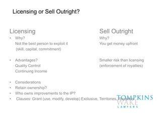 Licensing Sell Outright
• Why? Why?
Not the best person to exploit it You get money upfront
(skill, capital, commitment)
• Advantages? Smaller risk than licensing
Quality Control (enforcement of royalties)
Continuing Income
• Considerations
• Retain ownership?
• Who owns improvements to the IP?
• Clauses: Grant (use, modify, develop) Exclusive, Territories, Royalties
Licensing or Sell Outright?
 