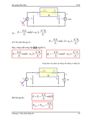 Bài giảng Máy điện TB
Chương 5: Máy điện đồng bộ 24
TỪ :
( ) 2
2
221
2 sin
s
a
Z
s Z
RE
Z
EE
P −+= αδ
SUY RA (đổi dấu góc δ):
( ) 2
2
121
1 sin
s
a
Z
s Z
RE
Z
EE
P −+−= αδ
Hay, công suất cung cấp BỞI nguồn E1:
( ) 2
2
121
1 sin
s
a
Z
s Z
RE
Z
EE
P +−= αδ 2
2
121
1 )cos(
s
s
Z
s Z
XE
Z
EE
Q +−−= αδ
Công thức này được áp dụng cho động cơ đồng bộ.
Khi bỏ qua Ra:
( )δsin21
21
sZ
EE
PP ==
sX
EE
PP 21
max2max1 ==
E2
RajXs
I It
LướiEaf
n
Zs
E1 U
Zt
E2
RajXs
I It
Tải
Eaf
n
Zs
E1
 