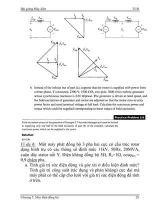 Bài giảng Máy điện TB
Chương 5: Máy điện đồng bộ 28
Ví dụ 6: Một máy phát đồng bộ 3 pha hai cực có cấu trúc rotor
dạng hình trụ có các thông số định mức 11kV, 50Hz, 20MVA,
cuộn dây stator nối Y. Điện kháng đồng bộ 5Ω, Ra=1Ω, cosϕđm =
0,9 chậm pha.
a. Tính giá trị sức điện động và góc tải ở điều kiện định mức?
Tính giá trị công suất (tác dụng và phản kháng) cực đại mà
máy phát có thể cấp cho lưới với giá trị sức điện động đã tính
ở trên.
 