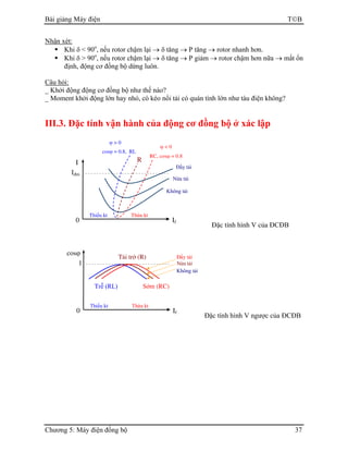 Bài giảng Máy điện TB
Chương 5: Máy điện đồng bộ 37
Nhận xét:
Khi δ < 90o
, nếu rotor chậm lại → δ tăng → P tăng → rotor nhanh hơn.
Khi δ > 90o
, nếu rotor chậm lại → δ tăng → P giảm → rotor chậm hơn nữa → mất ổn
định, động cơ đồng bộ dừng luôn.
Câu hỏi:
_ Khởi động động cơ đồng bộ như thế nào?
_ Moment khởi động lớn hay nhỏ, có kéo nổi tải có quán tính lớn như tàu điện không?
III.3. Đặc tính vận hành của động cơ đồng bộ ở xác lập
Đặc tính hình V của ĐCĐB
Đặc tính hình V ngược của ĐCĐB
If
cosϕ
0
Tải trở (R)
Sớm (RC)Trễ (RL)
1
Không tải
Nửa tải
Đầy tải
Thiếu kt Thừa kt
If
I
0
R
RC, cosϕ = 0.8
cosϕ = 0.8, RL
Iđm
Không tải
Nửa tải
Đầy tải
Thiếu kt Thừa kt
ϕ > 0
ϕ < 0
 