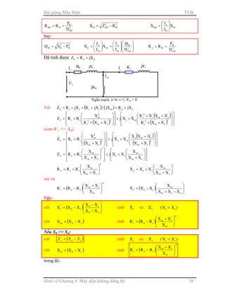 Bài giảng Máy Điện TB
Hình vẽ Chương 4: Máy điện không đồng bộ 38
2
bls
bl
bldm
I3
P
RR == 2
bl
2
nblbl RZX −= bl
bl
n
dm X
f
f
X 





=
hay:
2
bl
2
blbl PSQ −=














=





= 2
bls
bl
bl
n
bl
bl
n
n
I3
Q
f
f
X
f
f
X 2
bls
bl
bln
I3
P
RR ==
Đã tính được nnn jXRZ +=
Với ( ) ( ) nnm
'
r
'
rssn jXRjX//jXRjXRZ +=+++=
( )
( )
( ) 















++
++
++
















++
+= 2'
rm
2'
r
'
rm
'
r
2'
r
ms2'
rm
2'
r
2
m'
rsn
XXR
XXXR
XXj
XXR
X
RRZ
(xem R’r << Xm)
( )
( )
( ) 















+
+
++
















+
+= 2'
rm
'
rm
'
r
ms2'
rm
2
m'
rsn
XX
XXX
XXj
XX
X
RRZ














+
++














+
+= '
rm
m'
rs
2
'
rm
m'
rsn
XX
X
XXj
XX
X
RRZ
2
'
rm
m'
rsn
XX
X
RRR 





+
+= 





+
+= '
rm
m'
rsn
XX
X
XXX
suy ra
( )
2
m
'
rm
sn
'
r
X
XX
RRR 




 +
−= ( ) 





−+
−=
nsm
m
sn
'
r
XXX
X
XXX
Vậy:
với ( ) 





−
−
−=
n0
s0
sn
'
r
XX
XX
XXX tính sX và '
rX ( sX ≈ '
rX )
với ( )s0m XXX −= tính ( )
2
m
'
rm
sn
'
r
X
XX
RRR 




 +
−=
Nếu X0 >> Xn:
với ( )snr XXX −='
tính sX và '
rX ( sX ≈ '
rX )
với ( )s0m XXX −= tính ( )
2
m
'
rm
sn
'
r
X
XX
RRR 




 +
−=
trong đó:
Rs
sI& jXs
sU&
Ngắn mạch: n=0: s=1, Pcơ = 0
mI&
jXm
jX’r
rI& '
rR
 