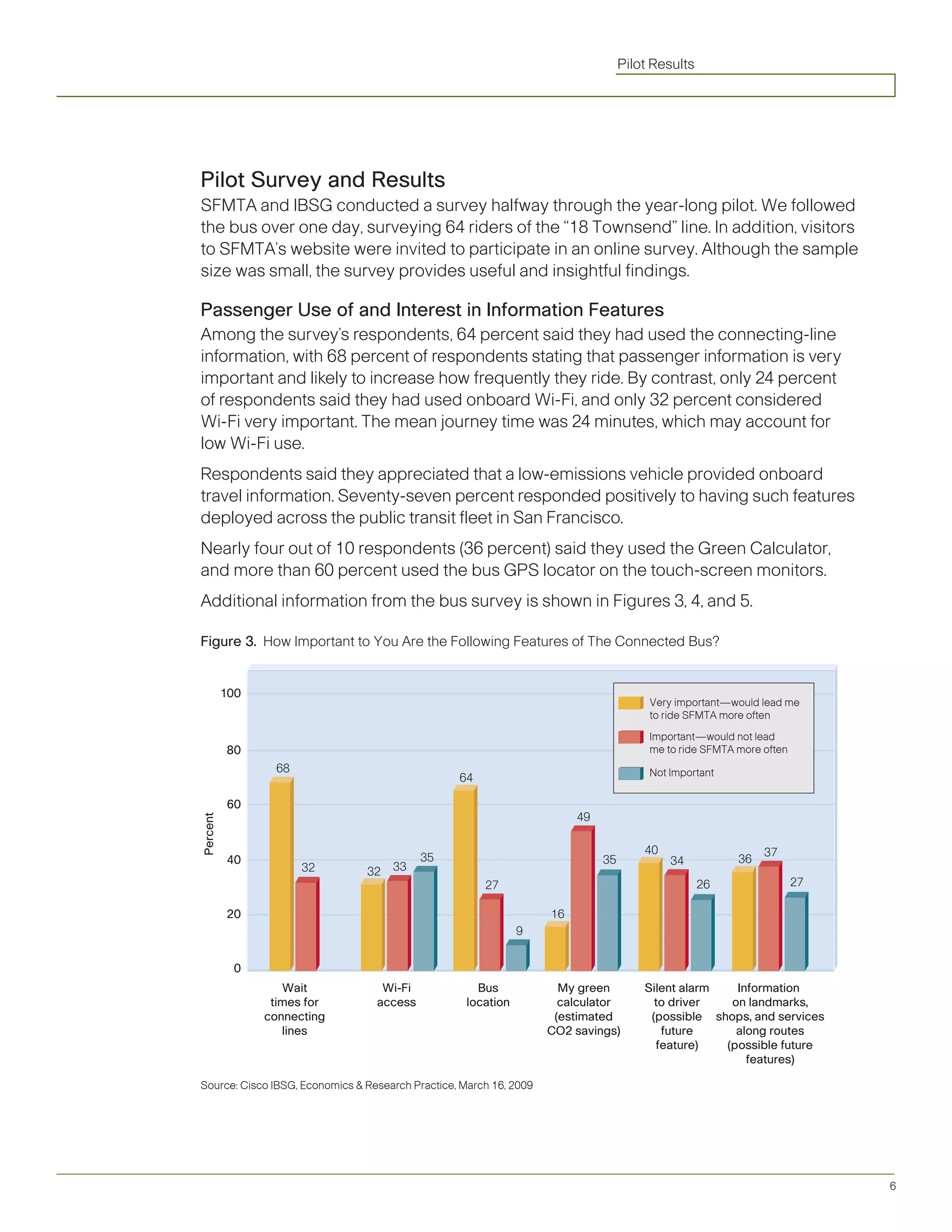 Pilot Results




Pilot Survey and Results
SFMTA and IBSG conducted a survey halfway through the year-long pilot. We followed
the bus over one day, surveying 64 riders of the “18 Townsend” line. In addition, visitors
to SFMTA’s website were invited to participate in an online survey. Although the sample
size was small, the survey provides useful and insightful findings.

Passenger Use of and Interest in Information Features
Among the survey’s respondents, 64 percent said they had used the connecting-line
information, with 68 percent of respondents stating that passenger information is very
important and likely to increase how frequently they ride. By contrast, only 24 percent
of respondents said they had used onboard Wi-Fi, and only 32 percent considered
Wi-Fi very important. The mean journey time was 24 minutes, which may account for
low Wi-Fi use.
Respondents said they appreciated that a low-emissions vehicle provided onboard
travel information. Seventy-seven percent responded positively to having such features
deployed across the public transit fleet in San Francisco.
Nearly	four	out	of	10	respondents	(36	percent)	said	they	used	the	Green	Calculator,	
and more than 60 percent used the bus GPS locator on the touch-screen monitors.
Additional information from the bus survey is shown in Figures 3, 4, and 5.

Figure 3.		How	Important	to	You	Are	the	Following	Features	of	The	Connected	Bus?


          100
                                                                                        Very important—would lead me
                                                                                        to ride SFMTA more often

                                                                                        Important—would not lead
          80                                                                            me to ride SFMTA more often
                 68                                                                     Not Important
                                                  64

          60
                                                                         49
Percent




                                                                                       40                     37
          40                               35                                 35            34           36
                      32        32   33
                                                       27                                          26                 27

          20                                                        16
                                                              9


           0
                   Wait            Wi-Fi             Bus              My green         Silent alarm   Information
                 times for        access           location           calculator         to driver   on landmarks,
                connecting                                           (estimated         (possible shops, and services
                   lines                                            CO2 savings)          future      along routes
                                                                                         feature)   (possible future
                                                                                                        features)

Source: Cisco IBSG, Economics & Research Practice, March 16, 2009




                                                                                                                           6
 
