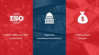 ISO9001, 45001 and 14001
Certifications.
2 Million Dinars
Turnover
Approvals
GovernmentProcurement
 