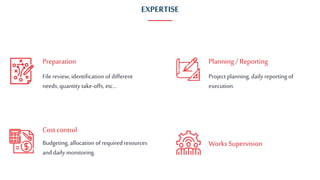 EXPERTISE
File review, identification of different
needs, quantity take-offs, etc...
Project planning, daily reporting of
execution.
Budgeting, allocation of required resources
and daily monitoring.
Preparation Planning / Reporting
Cost control
Works Supervision
 
