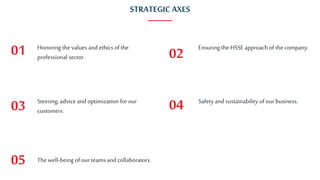 Honoring the values and ethics of the
professional sector.
Ensuring the HSSE approach of the company.
Steering, adviceand optimization for our
customers.
Safety and sustainability ofourbusiness.
Thewell-being ofourteams and collaborators.
01 02
03 04
05
STRATEGIC AXES
 