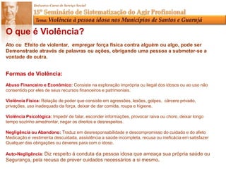 Procuramos compreender teoricamente as concepções de família bem como estudar as Políticas Públicas, Política especialmente a de Assistência Social, o Estatuto do Idoso principal lei que garante os direitos da pessoa idosa. Abordamos a respeito do significado do envelhecimento e fizemos um breve histórico sobre como foi formulado e conquistado os direitos da pessoa idosa. 