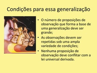 O conhecimento científico é obtido a partir de proposições de observações, por indução.Indução x observação