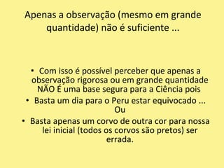 ... Sua consciência indutivista ficou satisfeita e ele levou a cabo uma inferência indutiva para concluir“Eu sou alimentado sempre às 9 h da manhã”Mas, aí de mim, essa conclusão demonstrou ser falsa de modo inequívocoFinalmenteQuando, na véspera de Natal, ao invés de ser alimentado, ele foi degolado! 