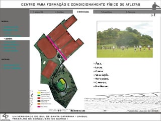1 Introdução 2 Histórico 3 Referenciais 4 Diagnóstico 5 Proposta - Área. Local. Clima. Vegetação. Topografia. Campos. Distâncias. EXTRAS: + IMPLANTAÇÃO + FOTOS TERRENO >> << Referenciais MENU: + INTRODUÇÃO - REFERENCIAIS -  Cotia -  Cidade  do  Galo - Xerém -  Conclusão + DIAGNÓSTICO + PROPOSTA + CONCLUSÃO 