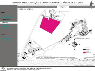 1 Introdução 2 Histórico 3 Referenciais 4 Diagnóstico 5 Proposta EXTRAS: + IMPLANTAÇÃO + FOTOS TERRENO MENU: + INTRODUÇÃO + REFERENCIAIS DIAGNÓSTICO -  Localização - Entorno -  Terreno + PROPOSTA + CONCLUSÃO CHEIOS X VAZIOS 