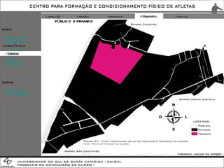1 Introdução 2 Histórico 3 Referenciais 4 Diagnóstico 5 Proposta EXTRAS: + IMPLANTAÇÃO + FOTOS TERRENO MENU: + INTRODUÇÃO + REFERENCIAIS DIAGNÓSTICO -  Localização - Entorno -  Terreno + PROPOSTA + CONCLUSÃO PÚBLICO X PRIVADO 