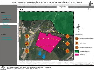 1 Introdução 2 Histórico 3 Referenciais 4 Diagnóstico 5 Proposta EXTRAS: + IMPLANTAÇÃO + FOTOS TERRENO MENU: + INTRODUÇÃO + REFERENCIAIS DIAGNÓSTICO -  Localização -  Entorno - Terreno + PROPOSTA + CONCLUSÃO CLIMA 