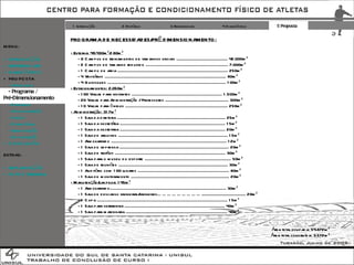 1 Introdução 2 Histórico 3 Referenciais 4 Diagnóstico 5 Proposta PROGRAMA DE NECESSIDADES/PRÉ DIMENSIONAMENTO: - Externa: 49.430m²/180m² - 6 Campos de treinamentos de tamanhos oficiais ................................................... 42.000m² - 2 Campos de tamanho reduzido .................................................................................. 7.000m² - 1 Campo de areia .............................................................................................................. 250m² - 4 Vestiários ......................................................................................................................... 80m² - 4 Quiosques ...................................................................................................................... 100m² - Estacionamentos: 2.050m² - 100 Vagas para visitantes .......................................................................................... 1.500m² - 20 Vagas para Administração / Professores ............................................................... 300m² - 10 Vagas para ônibus ...................................................................................................... 250m² - Administração: 317m² - 1 Sala da diretoria ............................................................................................................ 25m² - 1 Sala da secretária ......................................................................................................... 15m² - 1 Sala da secretaria ......................................................................................................... 20m² - 1 Sala de arquivos ............................................................................................................. 15m² - 1 Almoxarifado ................................................................................................................... 12m² - 1 Sala de imprensa ............................................................................................................. 20m² - 1 Sala de troféus .............................................................................................................. 30m² - 1 Sala para o museu do esporte ...................................................................................... 50m² - 1 Sala de reuniões ............................................................................................................. 30m² - 1 Auditório com 100 lugares ........................................................................................... 80m² - 1 Sala de monitoramento .................................................................................................. 20m² - Manutenção/Limpeza: 145m² - 1 Almoxarifado.................................................................................................................... 30m² - 1 Sala de descanso faxineiras/faxineiros………………………............................................ 20m² - 1 Copa .................................................................................................................................. 15m² - 1 Sala para serralheria .................................................................................................... 40m² - 1 Sala para marcenaria ..................................................................................................... 40m² Área total ocupada: 54.872m² Área total construída: 3.572m² EXTRAS: + IMPLANTAÇÃO + FOTOS TERRENO MENU: + INTRODUÇÃO + REFERENCIAIS + DIAGNÓSTICO + PROPOSTA -  Atividades - Programa / Pré-Dimensionamento -  Diretrizes -  Administração -  Saúde -  Dormitórios -  Alimentação -  Implantação + CONCLUSÃO 