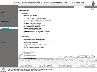 1 Introdução 2 Histórico 3 Referenciais 4 Diagnóstico 5 Proposta - Das Edificações: - Dormitórios: - Edifício em dois andares; - Dividir o edifício em blocos; - Lado norte do edifício para os dormitórios; - Lado sul do edifício será utilizada para a circulação; - Toda a circulação possuirá aberturas grandes; - Separar os dormitórios por sexo; - Todos os dormitórios possuirão sacada; - Os banheiros serão individuais; - Grande saguão no hall de entrada; - Salas de estudos e de informática; - O refeitório localizado na aresta leste dos blocos; - Ao redor de todo o prédio há ajardinamento; - Alimentação: - Disposto em apenas um andar; - Será construído anexo aos alojamentos; - Cobertura metálica com proteção acústica e térmica; - Pé direito alto no refeitório; - Cozinha locada na parte de trás do prédio; - Painéis de vidro na fachada sul; - Proteção por brises na fachada norte; - Acesso de funcionários pela parte de trás; - Da área de treinamentos: - Dos campos; - O sentido dos campos; - Dos vestiários; - Da pista de caminhada; >> ALIMENTAÇÃO << >> DORMITÓRIOS << >> IMPLANTAÇÃO << EXTRAS: + IMPLANTAÇÃO + FOTOS TERRENO MENU: + INTRODUÇÃO + REFERENCIAIS + DIAGNÓSTICO + PROPOSTA -  Atividades -  Programa  / Pré-Dimensionamento - Diretrizes -  Administração -  Saúde -  Dormitórios -  Alimentação -  Implantação + CONCLUSÃO 